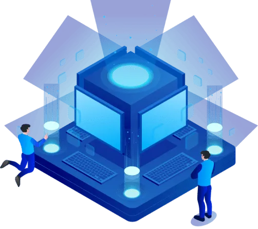 Two people interacting with a futuristic data processing center focused on software development.