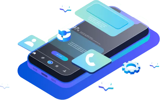Isometric illustration of mobile apps user interface concept with notification pop-ups and interactive elements.