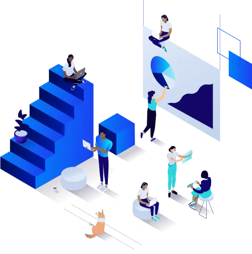 Isometric illustration of people engaging in various activities related to app development in a stylized office environment.