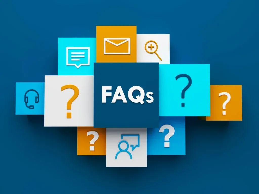 A collage of icons including question marks, an envelope, a magnifying glass, and a headset surrounds a central 