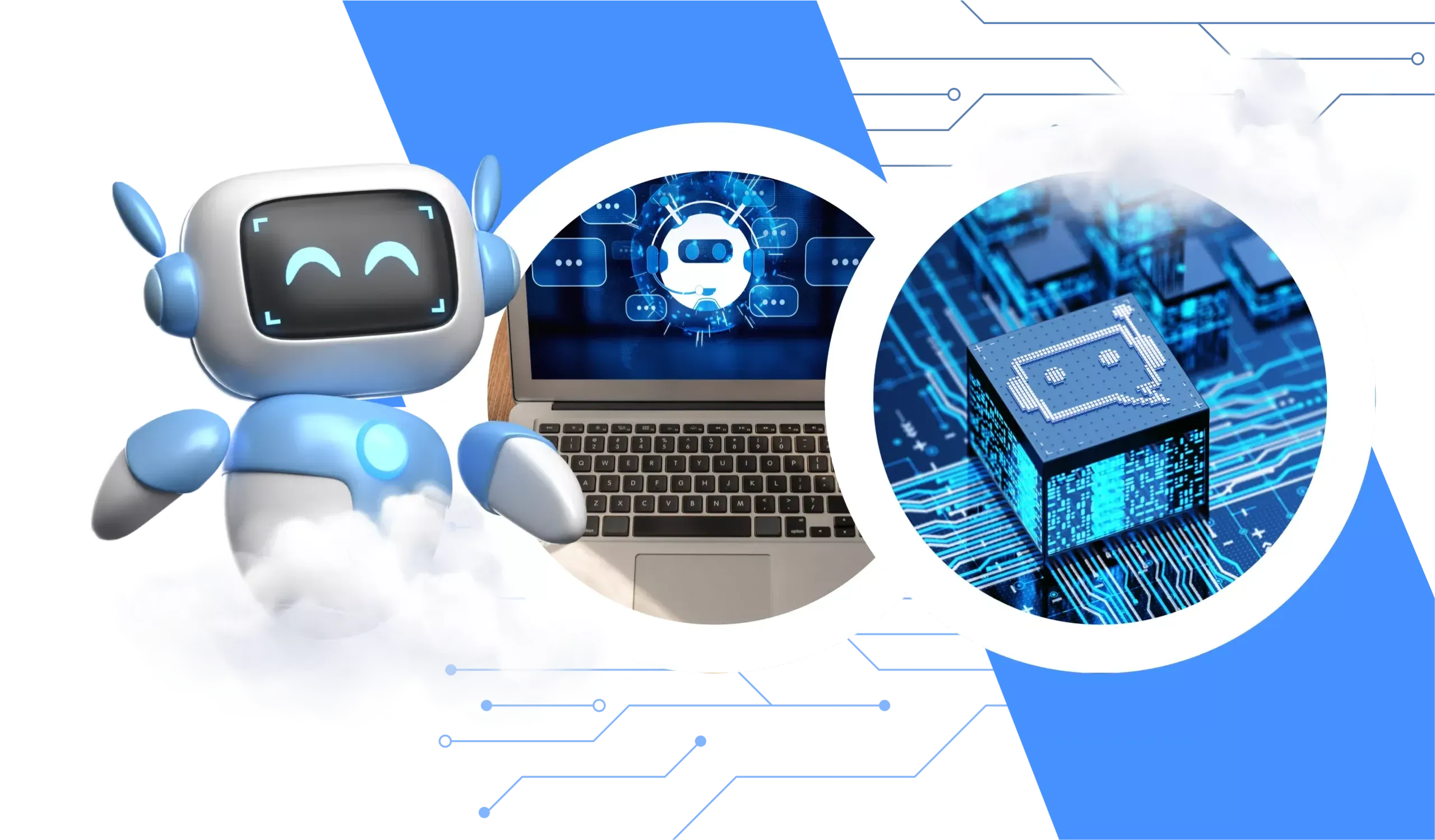 Illustration of a smiling robot, a laptop with a chatbot icon, and a computer chip with a chat symbol, representing artificial intelligence and technology.