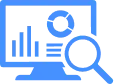 Blue icon of a computer monitor displaying charts and graphs, with a magnifying glass in front, representing data analysis or analytics.