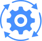 Blue gear icon surrounded by four circular arrows, symbolizing process, automation, or workflow.