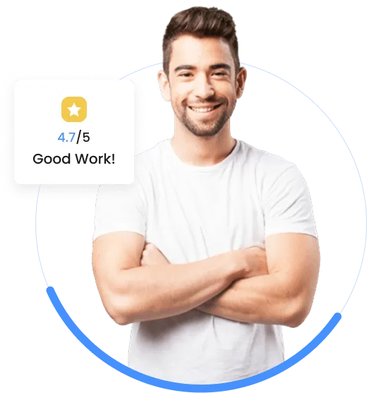 A smiling man in a white t-shirt stands with arms crossed. A rating box beside him displays 4.7 out of 5 stars and the message 