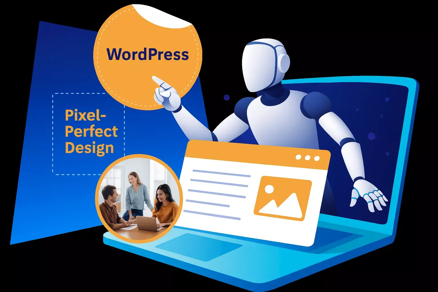 A robot emerges from a laptop holding a 