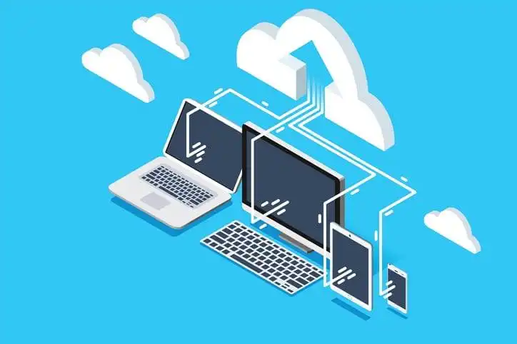 Pc software for upload user data to cloud remote storage. Isometric decorative composition for web site banner. Vector design.