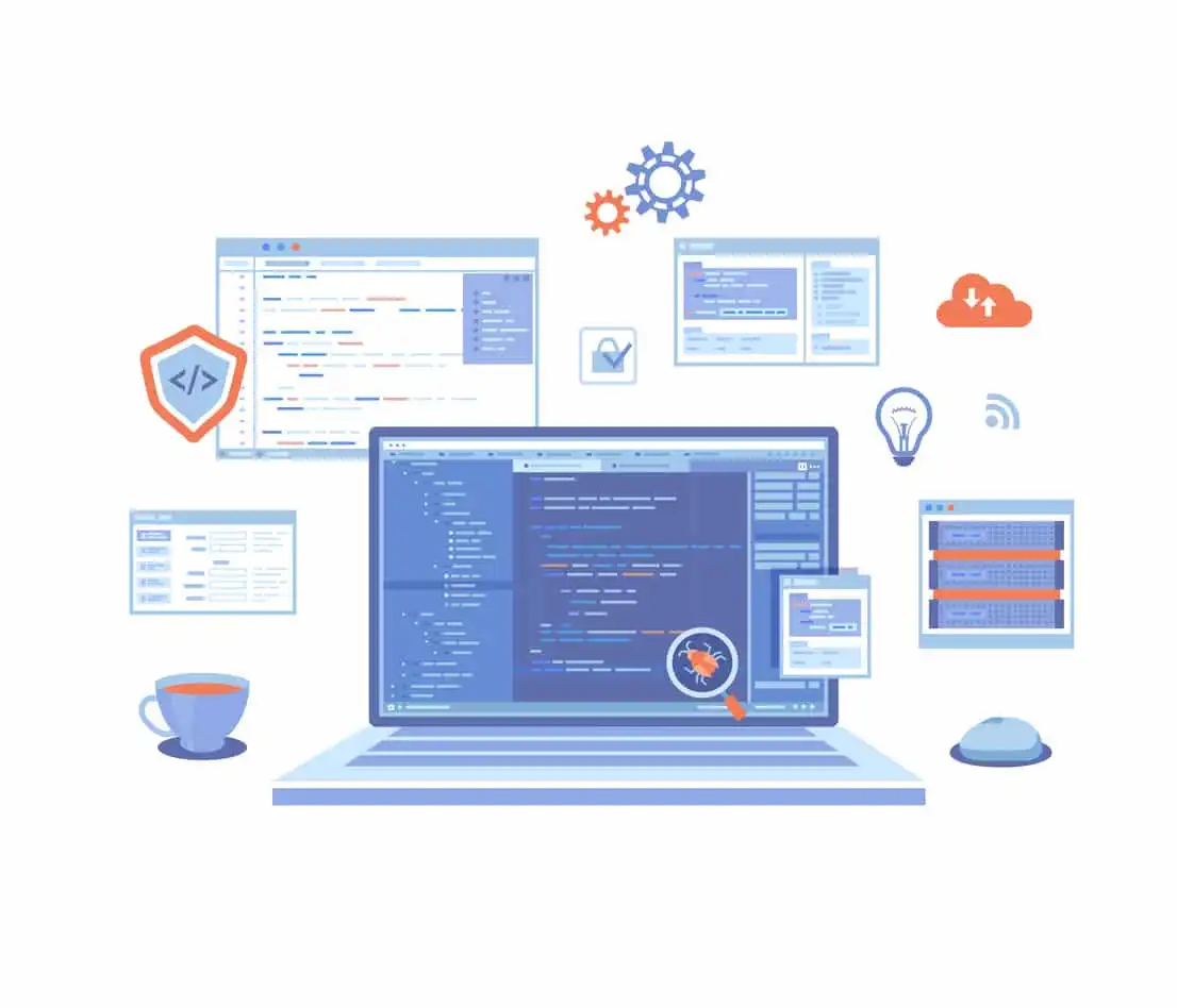 A laptop is surrounded by a variety of icons.