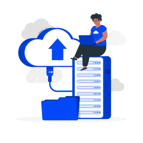 A person sitting on a server rack icon uploading data to the cloud.