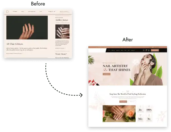Four website design layouts featuring beauty and nail art themes.