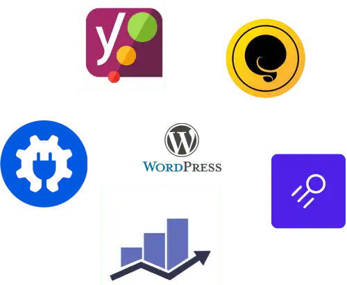 Collection of various tech-related icons and logos, including yoast seo, cpanel, wordpress, a settings gear, and a data analysis chart.