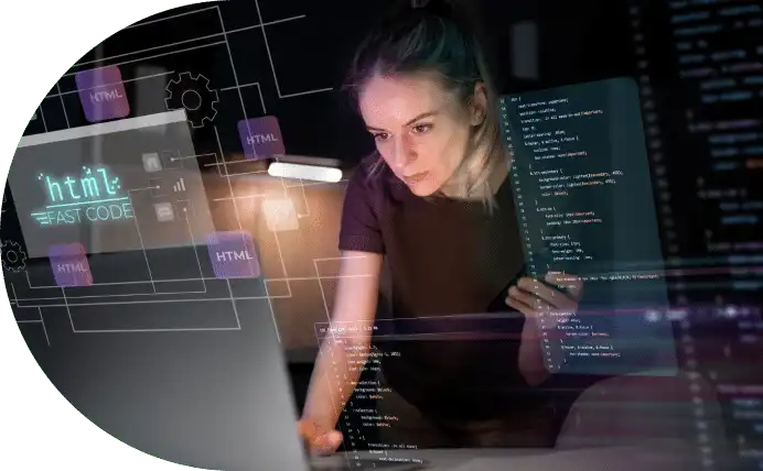 Woman programming with multiple screens displaying code and html elements.