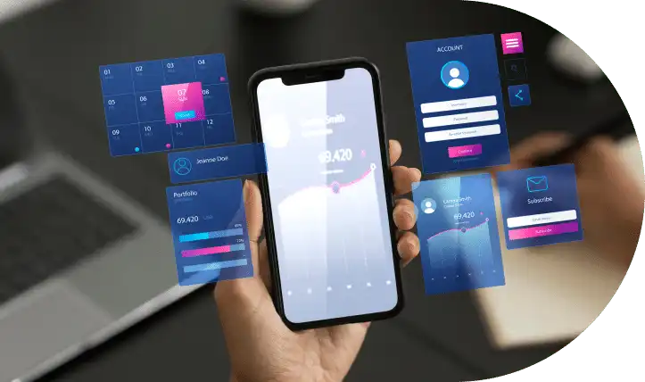 A person holding a smartphone displaying a user interface concept with various design elements floating above the screen.