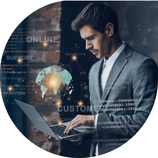 A businessman using a laptop with digital graphics of customer support and global communication surrounding him.