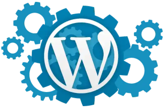 Wordpress logo with multiple blue gears in the background.
