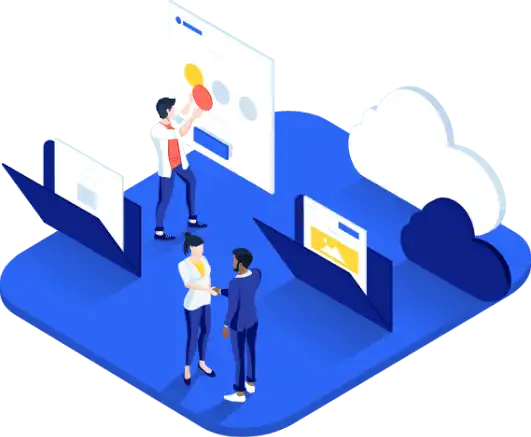 Illustration of people interacting with cloud technology and digital interfaces.