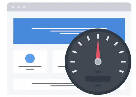 Illustration of a webpage with a speedometer indicating performance or loading speed.
