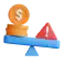 Image of a scale balancing a coin and a caution symbol, representing financial risk assessment.