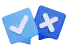Two blue checkmark and cross icons, likely representing a choice between yes and no or correct and incorrect.