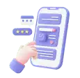 A hand interacting with a stylized mobile phone interface featuring chat, 