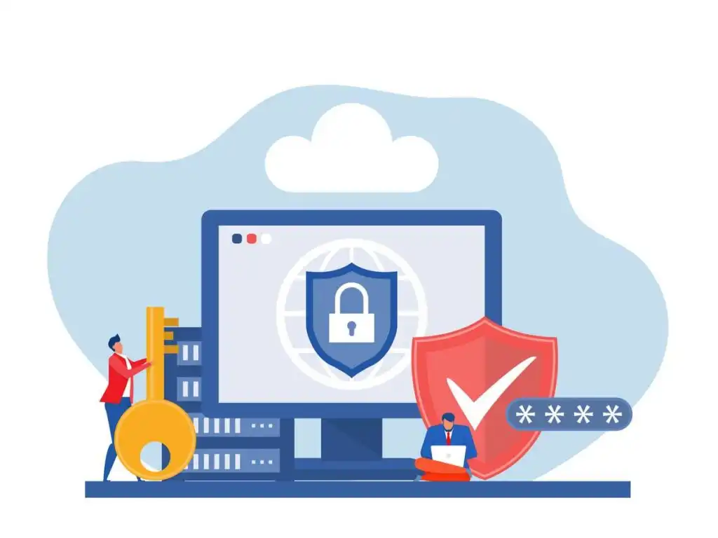 Illustration of computer security with a monitor displaying a lock, a person holding a key, a shield with a check mark, and a person using a laptop.