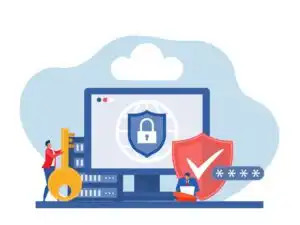 Illustration of computer security with a monitor displaying a lock, a person holding a key, a shield with a check mark, and a person using a laptop.