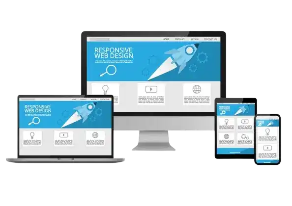 A desktop, laptop, tablet, and smartphone displaying the same responsive web design layout with blue and white graphics and navigation menus.