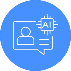 Blue circle with a white outline of a chat bubble showing a user icon, lines for text, and a microchip labeled 