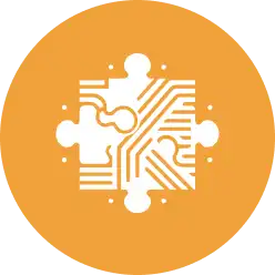 White jigsaw puzzle piece with circuit board patterns on an orange circular background.
