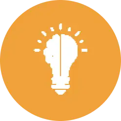 White silhouette of a light bulb with a human profile inside, set against an orange circular background.