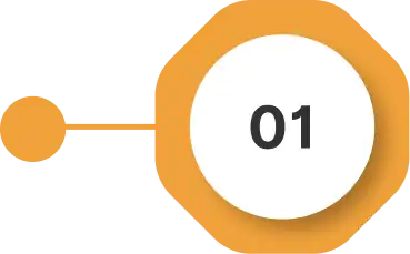 Orange geometric graphic with a small circle connected to a larger octagon containing a white circle with the number 