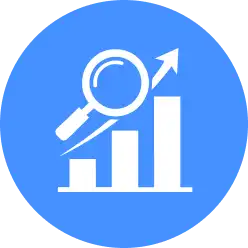 A blue circle with a white bar graph, upward arrow, and magnifying glass symbolizing growth analysis or data analytics.
