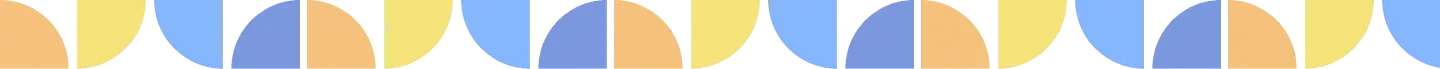 A repeating pattern of semi-circles in blue, yellow, and beige on a white background, with each semi-circle divided into three colored segments.
