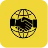Black handshake icon over a globe on a yellow background, symbolizing global partnership or international cooperation.