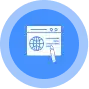 Icon of a hand clicking on a web browser window with a globe symbol, set against a blue circular background.