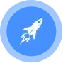 White rocket icon with flames is centered on a solid blue circular background.