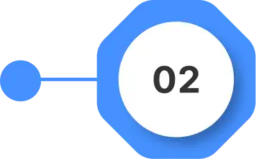 A blue octagonal shape connects to a blue circle, both attached to a white circle displaying the number 