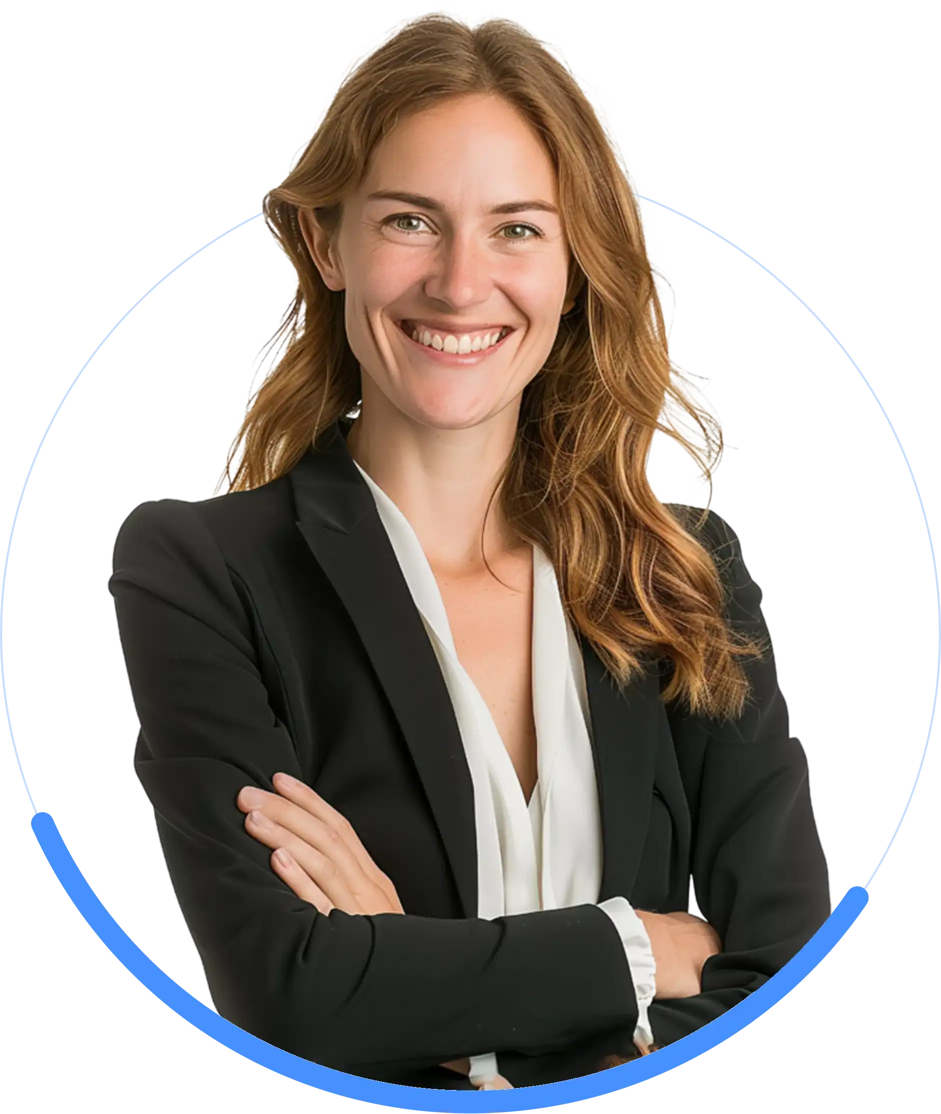 A woman with long brown hair wearing a black blazer and white blouse smiles with arms crossed against a white background.