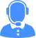 Blue icon of a person wearing a headset and bow tie, representing customer support or call center assistance.