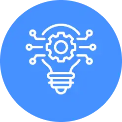 White outline of a light bulb with a gear and circuit lines inside, symbolizing technology and innovation, on a blue circular background.