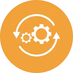 White gears and circular arrows icon on an orange background, symbolizing process, workflow, or automation.