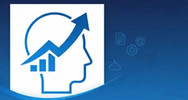 A blue outline of a human head with a rising arrow and bar chart inside, symbolizing growth or improvement in knowledge or performance.