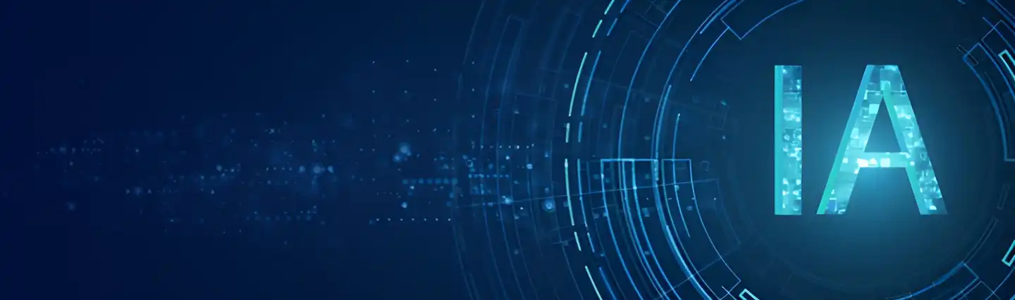 Digital blue background with circuit-like graphics and the glowing letters 