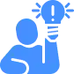 Blue icon of a person holding up a lightbulb with an exclamation mark inside, symbolizing an idea or solution.