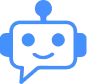 Blue robot face icon with a smiling expression inside a speech bubble, featuring an antenna on top and two round side shapes.