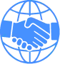 Two blue hands shaking in front of a blue globe outline, symbolizing global partnership or cooperation.