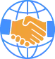 Two orange hands shaking in front of a blue globe outline, symbolizing global partnership or international cooperation.