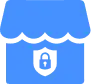 Blue icon of a storefront with a shield and padlock symbol on the front, representing secure or protected shop or business security.