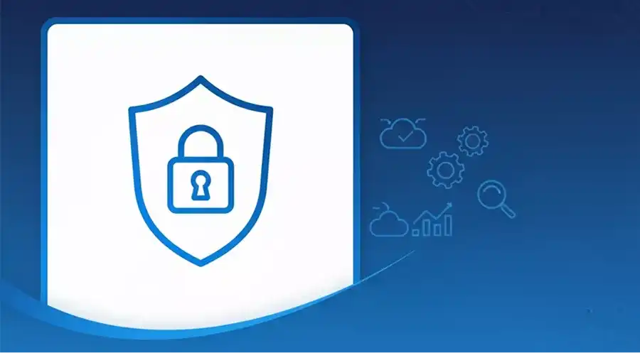A blue shield icon with a padlock symbol in the center, representing security, appears on a white background with technology icons on a blue gradient backdrop.
