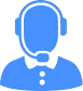 Blue icon of a person wearing a headset with a microphone, bow tie, and buttoned shirt, representing customer service or technical support.