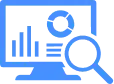 Blue icon of a computer monitor displaying charts and graphs, with a magnifying glass in front, representing data analysis or analytics.